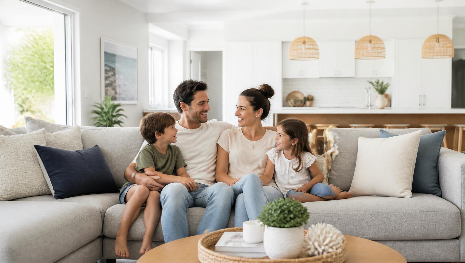 Family relaxing in the open plan living area of a new Signature Living Home