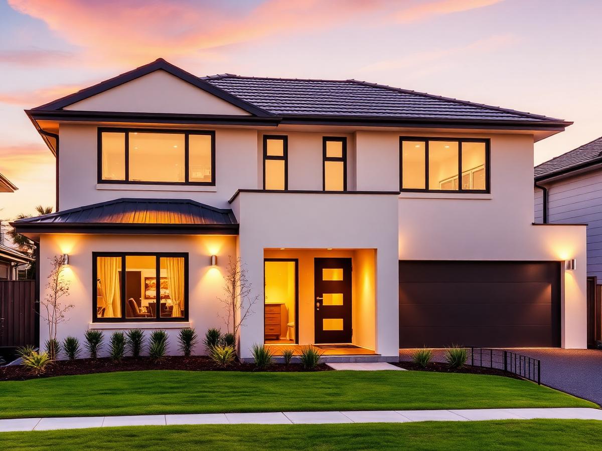 Newly completed double storey home facade at dusk